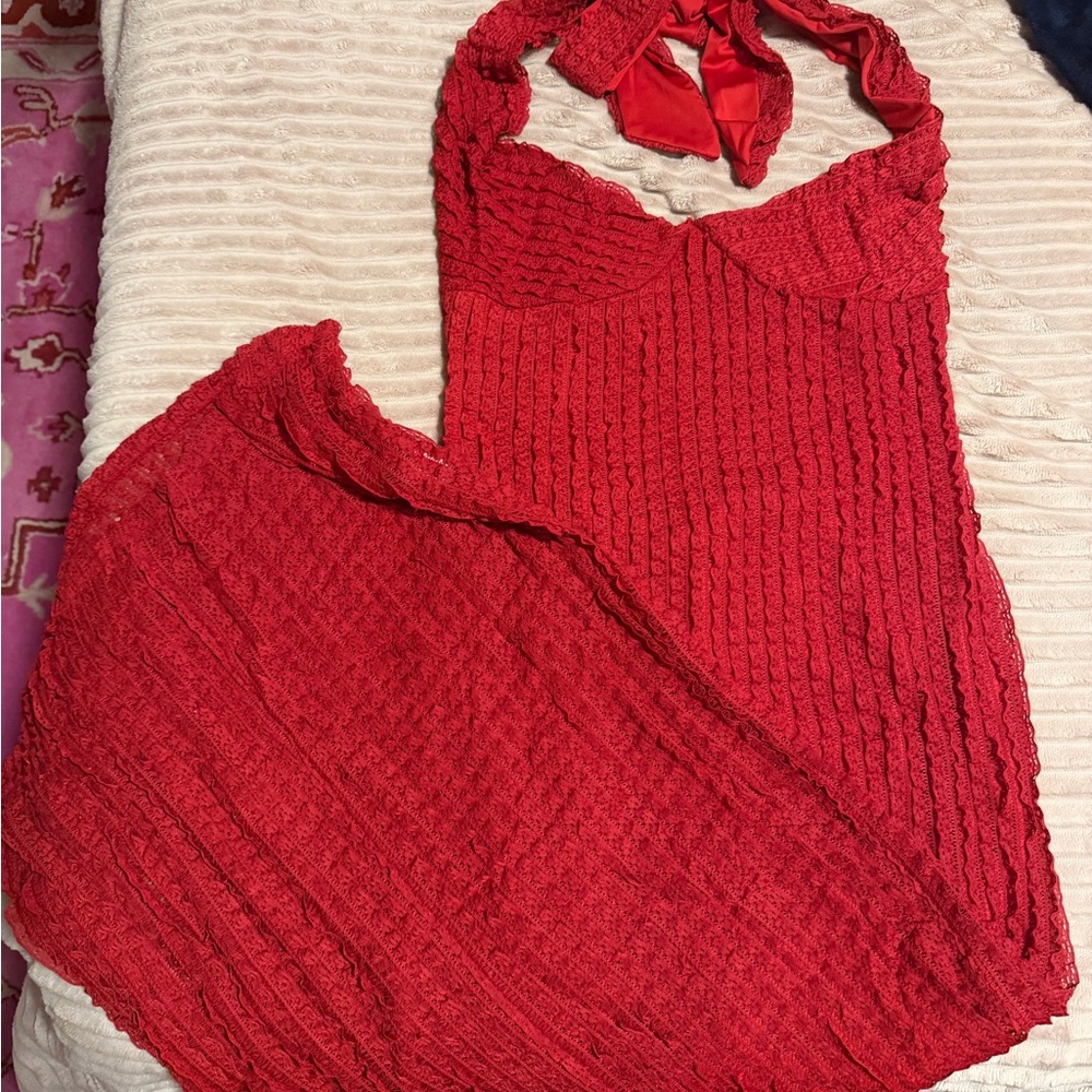 Red Textured Halterneck Maxi Dress